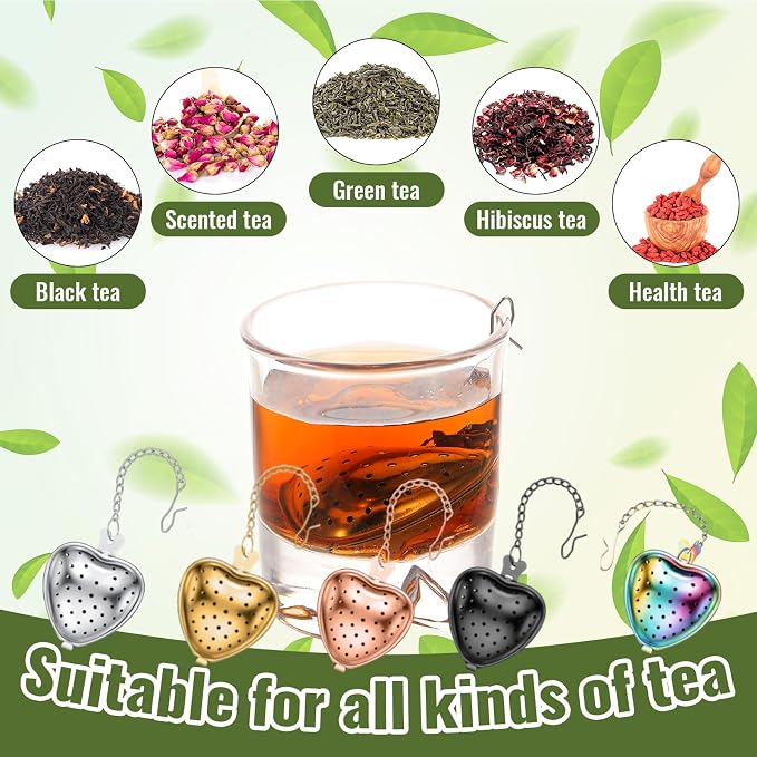 Sumind 50 Pcs Stainless Steel Tea Strainer Ball Infuser Loose Leaf Steeper Interval Diffuser Heart Shape Mesh Filters with Extended Chain Hook for tea party Seasonings Cup Bottle (Multicolor)