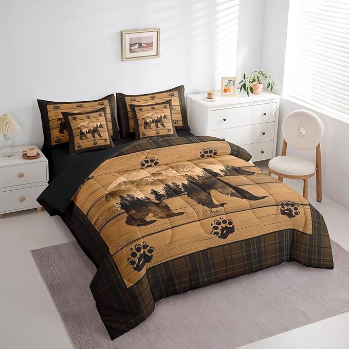 Feelyou Rustic Bear Comforter Set with Sheets Farmhouse Black Bear 7 Piece Bedding Set Full Size for Kids Boys Girls Forest Animal Wildlife Hunting Theme Bed in a Bag