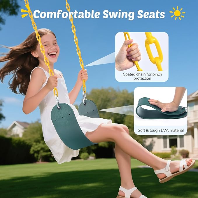 Trekassy 440lbs Swing Sets for Backyard - 2 Seat Outdoor Kids Playset with Saucer & Belt Swing, Heavy-Duty A-Frame Metal Stand for Backyard Playground - Green and Brown (Patented)
