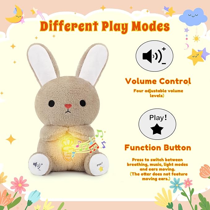 BRICHOEE Breathing Stuffed Animal, Soothing Bunny Stuffed Animal with Moving Ears, Breathing Motion, Calming Sound and Light for Baby Sleep Companion Portable Plush Toy Gifts for Kids Adults Newborns