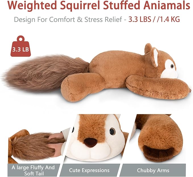 Niuniu Daddy 20" | 3.3 Pound Squirrel Weighted Stuffed Animals for Kids Adults, Large Squirrel Weighted Beads for Body Pillow for Sleeping, Soft Plush Toy for Birthday Christmas Holiday Presents