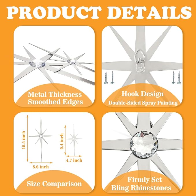 4 Pcs Star Wall Art for Home Decor Living Room Bedroom Office Metal 3D,Bling,with Hanging Hook Starburst Midcentury Sculpture Retro Gallery Accent Celestial -Silver 16.5in/9.4in