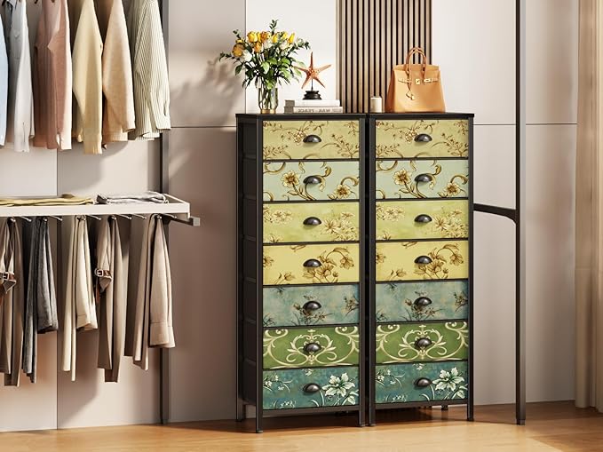 7 Drawer Tall Dresser for Bedroom, Vintage Fabric Chest of Drawers | Tall Nightstand for Dorm, Vertical Storage Tower Organizer, Fabric Drawer Units, Retro Skinny Dresser for Closet, Entryway