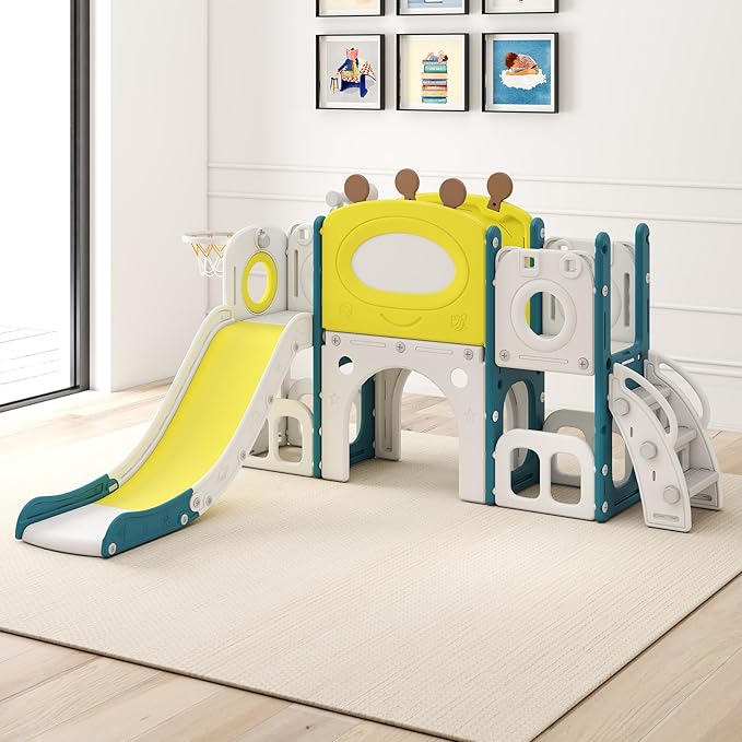 kinbor 9 in 1 Multifunctional Toddler Slide - Kids Slide with Basketball Hoop, Drawing Board & Storage, Playset for Kids Indoor Outdoor Playground Set for Toddlers Ages 1-3