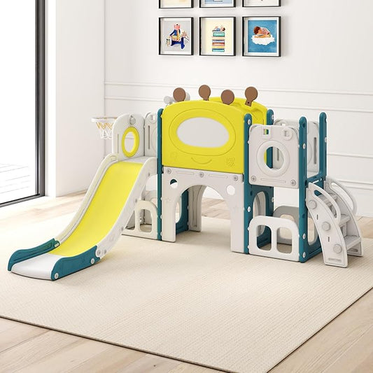 kinbor 9 in 1 Multifunctional Toddler Slide - Kids Slide with Basketball Hoop, Drawing Board & Storage, Playset for Kids Indoor Outdoor Playground Set for Toddlers Ages 1-3