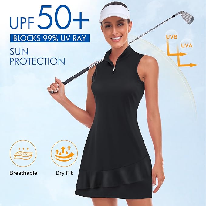 Viracy Tennis Dress for Women Sleeveless Golf Dresses with Shorts and Pockets Ruffle Zip Up Stand Collar Golf Outfits