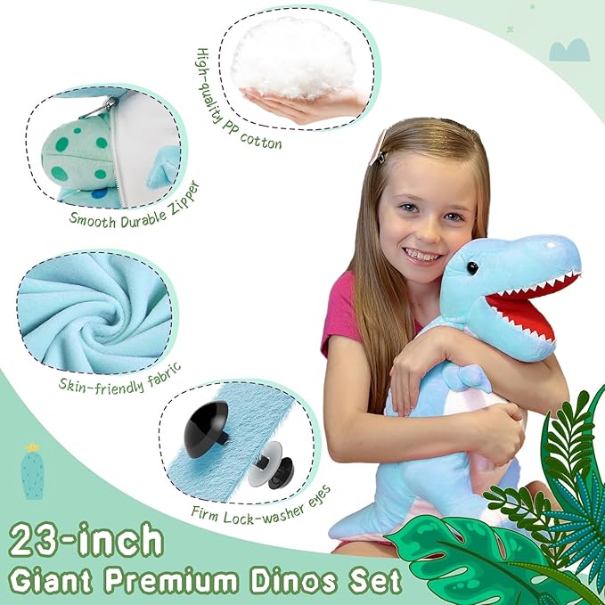 MorisMos Dinosaur Stuffed Animal with Babies,23.6'' Big Mommy Stuffed Dino T-rex with 3 Baby Dino Stuffed Toys & 3 Eggs Plush Inside Belly, Boy Girl Dinosaur Toys for Kid 3-5,Blue T-rex Toys Gift