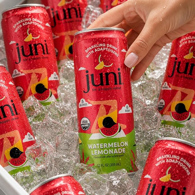 Juni Sparkling Adaptogen Drink with Ashwagandha, Lion’s Mane & Reishi Mushrooms, Green Tea for Focus, Zero Sugar, Strawberry, Watermelon, Lemonade Iced Tea, Variety Pack, 12-pack
