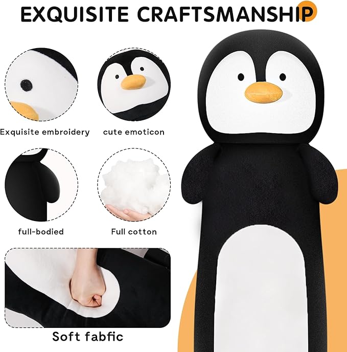 36” Long Penguins Plush Body Pillow, Cute Giant Black Penguin Stuffed Animals, Big Penguins Squishy Soft Plushies Toy, Gifts for Kids Girls and Boys, Birthdays Easter