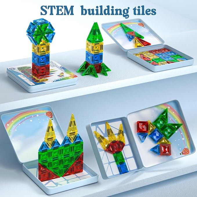 60pcs Mini Magnetic Tiles for Kids Ages 3-8,Travel Magnetic Building Blocks with Metal Storage Box, STEM Educational Toys, Montessori Sensory Learning Toys for Toddlers, Boys & Girls Gift
