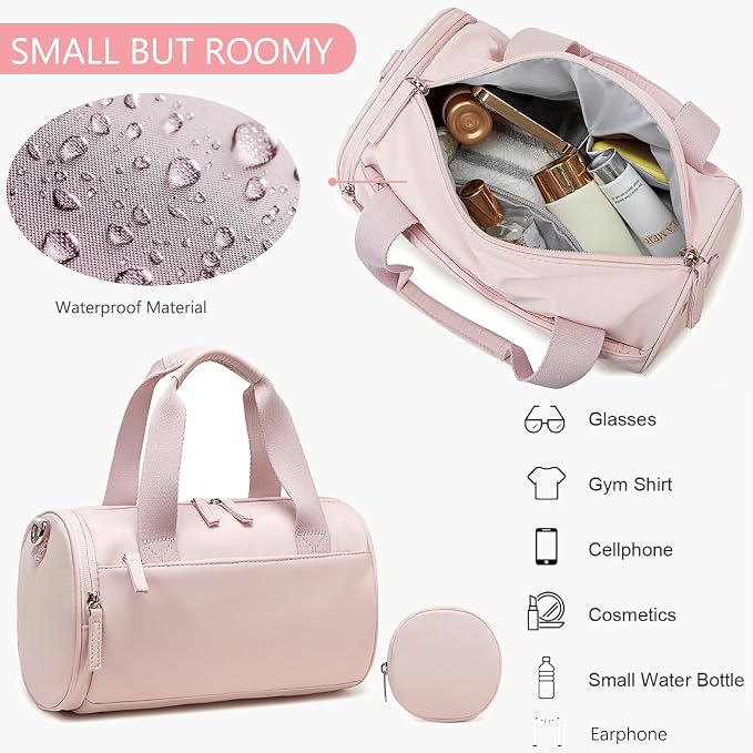 BTOOP Mini Gym Bag for Women, 12-Inch Small Duffle Bag with Wet Pocket and Coin Purse, Lightweight Water-Resistant Workout Bag for Yoga, Pilates, Dance and Travel (Pink)