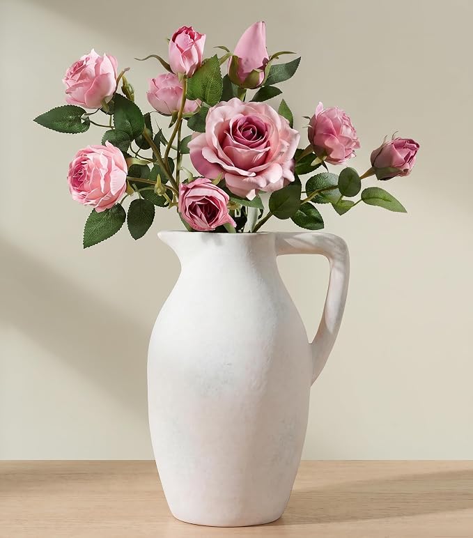 Ceramic Flower Vase with Handle, 9.65 inch Tall Ceramic Vase Home Decor Farmhouse Vases Terracotta Table Vases for Living Room Bathroom Modern Boho Coffee Table Centerpieces Bookshelf Kitchen, White