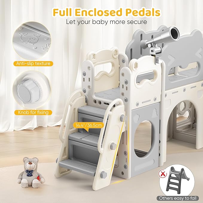 Toddler Slide Indoor, 8 in 1 Indoor Playground for Kids 1-3 Toddler Playset with Climber, Basketball Hoop, Tunnel and Storage Space Kids Outdoor Slide Playset (Grey)