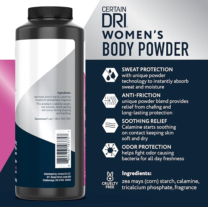 Certain Dri Women’s Body Powder - Talc-Free Anti Chafing Powder for Sweat, Moisture, & Odor Control - Calamine Formula for Itch Relief & Skin Comfort for Sensitive Skin, Daily Use & Protection - 8 oz