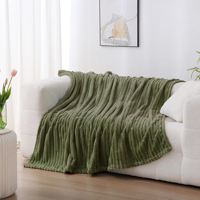 Olive Green Fleece Throw Blanket 90”×90” for Couch Sofa Livingroom | Super Soft Cozy Plush Microfiber Flannel Bed Blanket Striped Design Lightweight Home Decor Gifts for Adults Mom Women