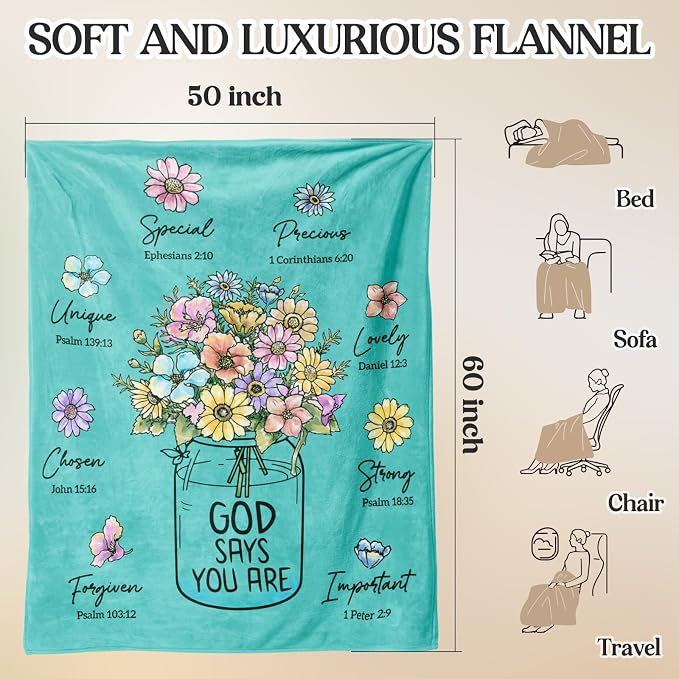 Christian Birthday Gifts for Women, Religious Gifts for Women | Aqua Christian Blanket 60''x 50'', Birthday Gifts for Women, Baptism Confirmation Spiritual Gifts for Girls Daughter Mom