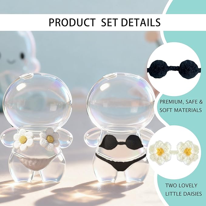 Clothes for 17cm Doll(No Dolls), 2 Sets of Costumes Include 4 Accessories, Black Bikini and Daisy Bikini,Suitable for 6.7 inches (17 cm) Dolls,Pure Handmade Knitted Swimsuit
