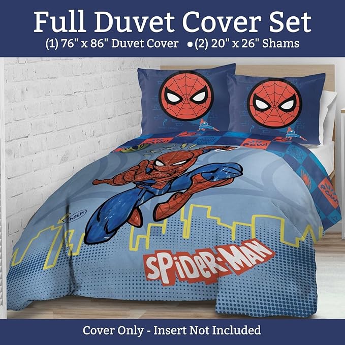 Jay Franco Kids Duvet Cover Set – 3 Piece Super Soft Bedding with Sham Pillowcase, Cover ONLY Comforter Not Included, Blue - Spiderman, Full