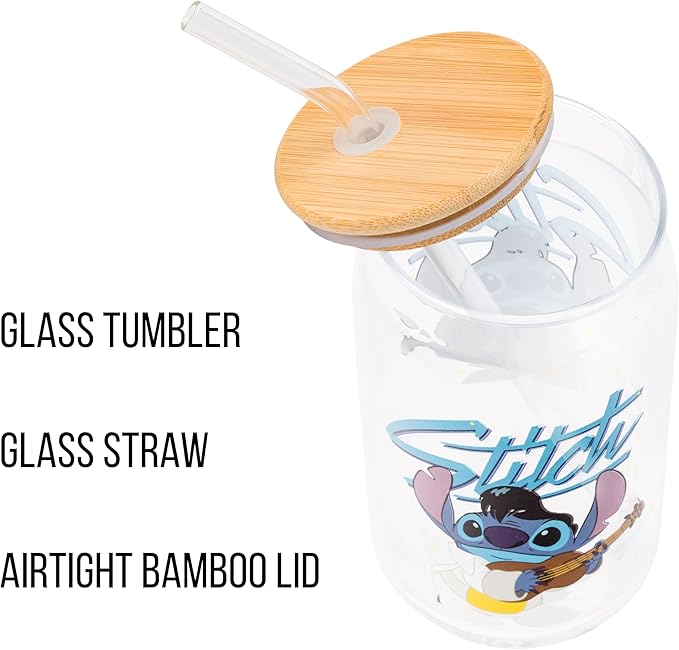 Silver Buffalo Disney Lilo and Stitch Glass Tumbler with Bamboo Lid and Glass Straw Featuring Stitch in an Elvis Costume, 16 Ounces