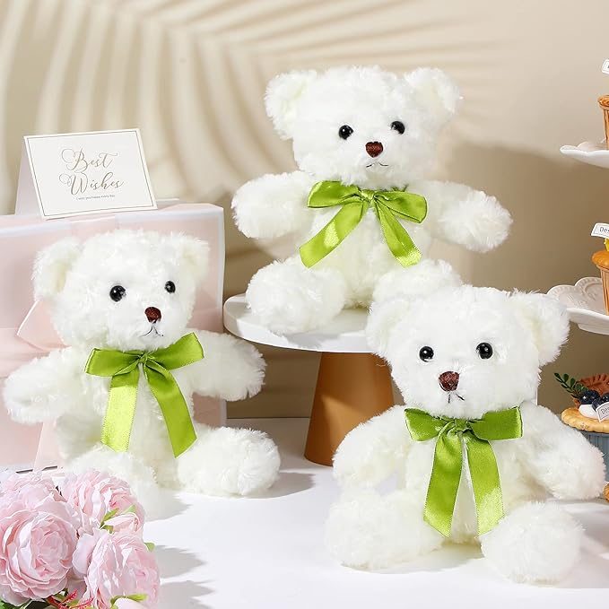 Hungdao 24 Pcs Bear Bulk Plush Stuffed Animals 10 Inch Cute Soft Stuffed Bear with Green Bow for Baby Shower Birthday Party Gift (White)
