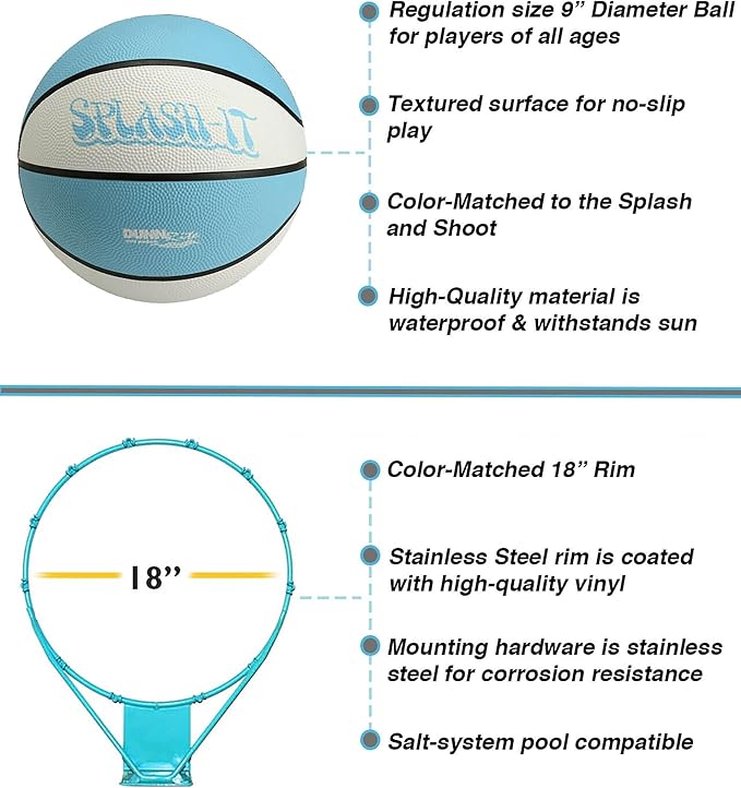 Dunn-Rite Splash & Shoot Outdoor Adjustable Height Swimming Pool Basketball Hoop w/Ball, Base, & 18 Inch Stainless Steel Rim, Made in USA, Clear