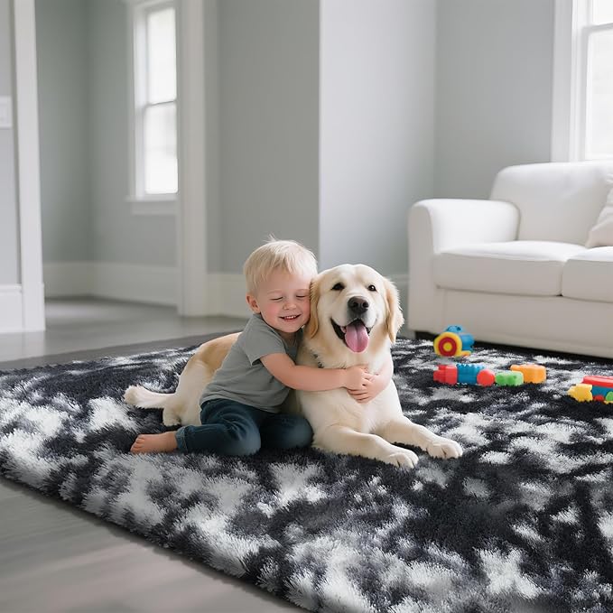 yongyangjuxin Fluffy Rug Shag Area Rug, Mottling Black 8x10 Area Rugs for Living Room, Large Shag Area Rugs for Bedroom Room Home Decor, Upgrade Anti-Skid Rectangular Fuzzy Rugs