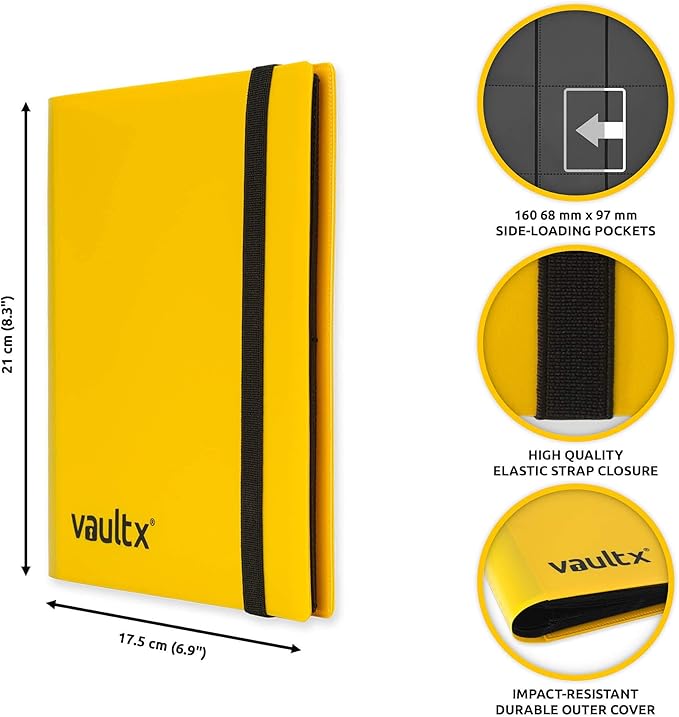 Vault X 4 Pocket Standard Strap Binder, Holds 160 Trading Cards in 20 Side-Loading Pages (Yellow)