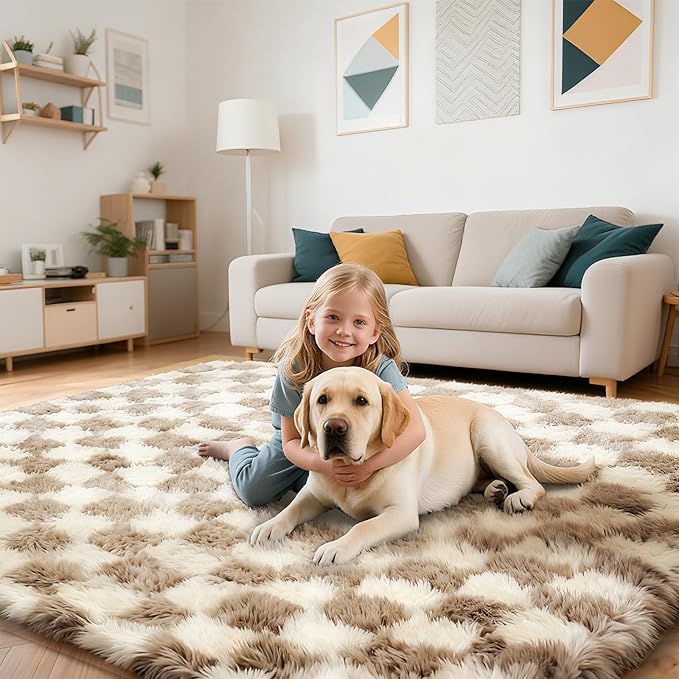 Checkered Rug for Living Room, 6x9 Beige and White Area Rugs, Classic Checkered Carpets Shag Area Rug, Bedside Rugs for Living Room Bedroom Room Home Decor