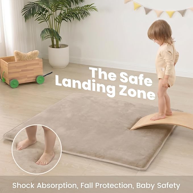 Baby Play Mat for Floor,1.3" Thick Elasti-Foam 50"×50" Playpen Mat for Tummy Time,Water Repellent Soft Coral Velvet for Toddler,Infant,Kids,Non-Slip Backing Safe for Crawling(Beige)