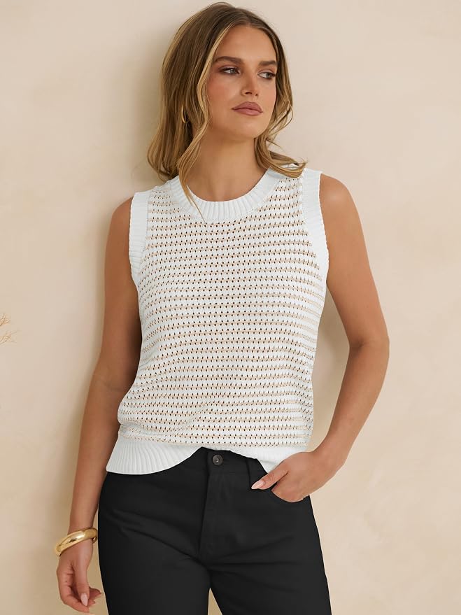 ANRABESS Womens Sleeveless Sweater Vest Striped Tank Tops | Crochet Knit Crew Neck, Lightweight Soft Comfy, Vacation Travel Work Casual Outfits, Sping Summer Layering Clothes