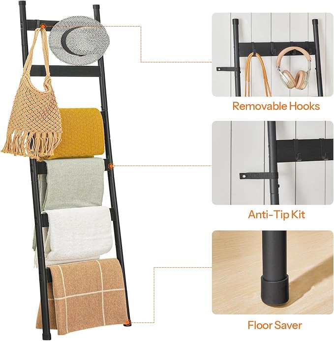 HOOBRO Blanket Ladder, 6-Tier Towel Rack with Hooks, Wall-Leaning Blanket Rack, Decorative Display Ladder Shelf, Scarves, Industrial, Living Room, Bedroom, Black BB66CJ01