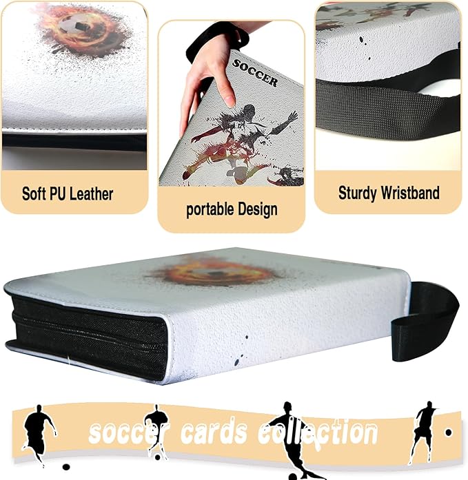 Soccer Card Binder, World Cup Card Binder 4 Pocket with 50 Removable Sleeves Fits 400 Sport Cards, 3 Ring Card Holder Binder with Zipper, Collector Storage Album