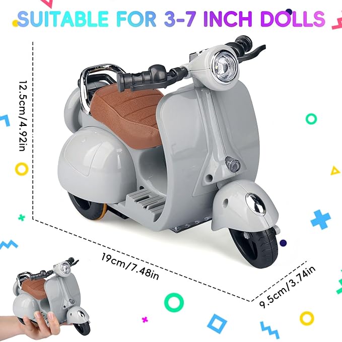 Accessories for 17cm Dolls - Doll Scooter Toy with LED Lights and Music, Cute Motorcycle Toy, Decorative Desktop Ornament for Doll Collectors (Gray)