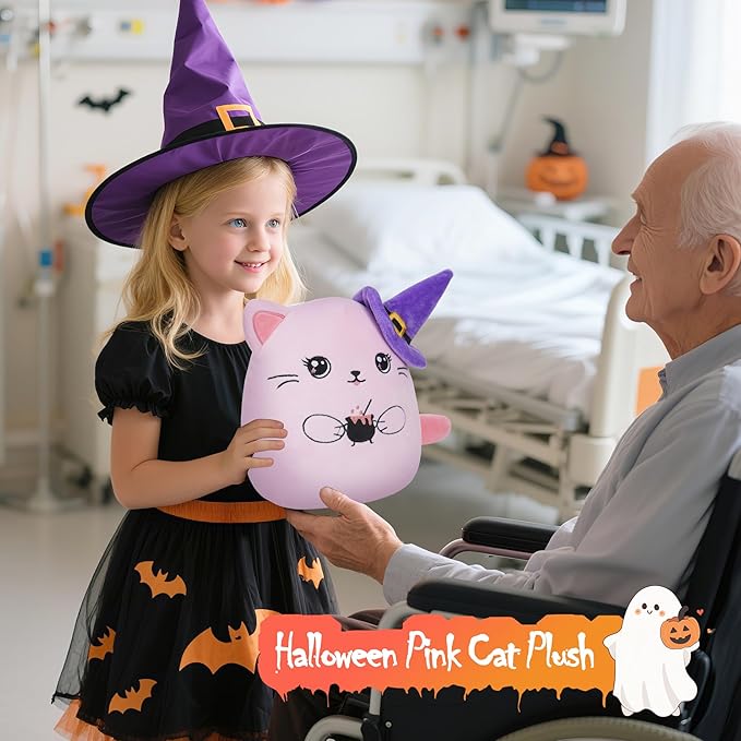 Halloween Plush Cat Stuffed Animal – Pink Cat Plush Halloween Decoration Costume Companion Cute Witch Accessory Kids Family Party Favors 10 Inch