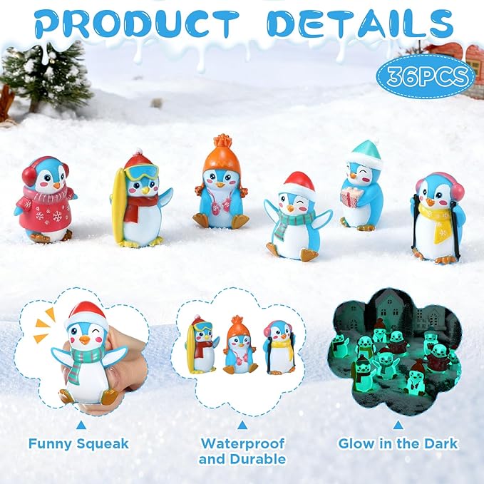 Realspring 36 Pcs Rubber Penguin Valentines for Class Bulk Glow in The Dark Winter Penguin Bath Toy Floating Rubber Animals Cute Cake Topper Gifts for Kids Classroom, Home Car Dashboard Decor (Blue)