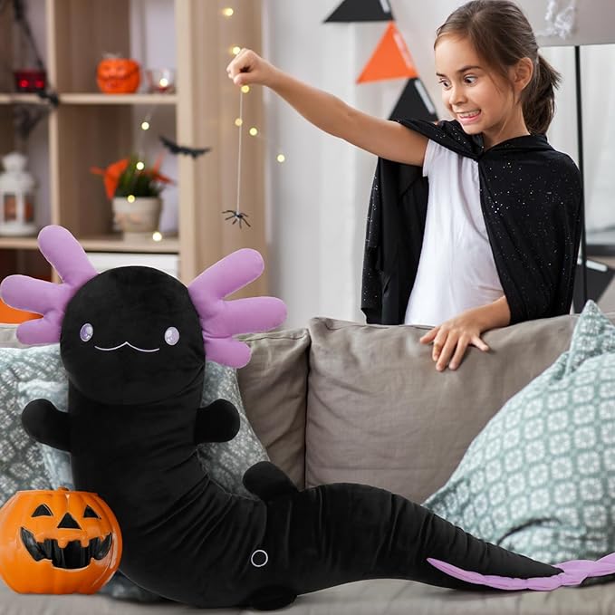 Tezituor 4ft Large Black Axolotl Stuffed Animal for Halloween, Big Giant Stuffed Salamander 48 inch Long Plush Pillow for Girls 6-12, Axolotl Lovers Gifts for 2025 Halloween Christmas Valentine's Day