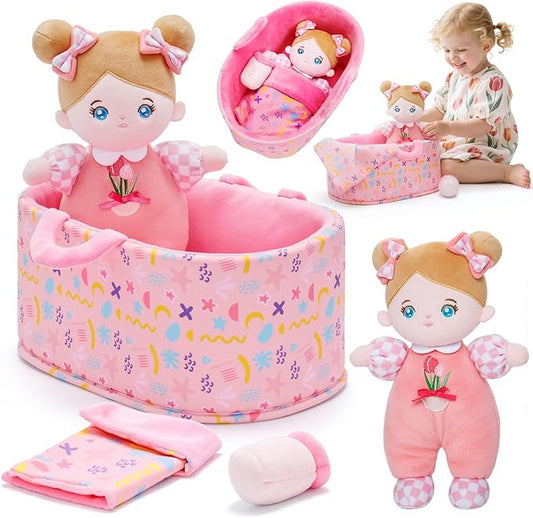 OUOZZZ 10" Soft Baby Doll Set with Plush Doll, Bassinet, Blanket and Bottle, Baby Doll Accessories Pretend Playset Emotional Social Doll for 2 Year Olds Girls Christmas Birthday Gift
