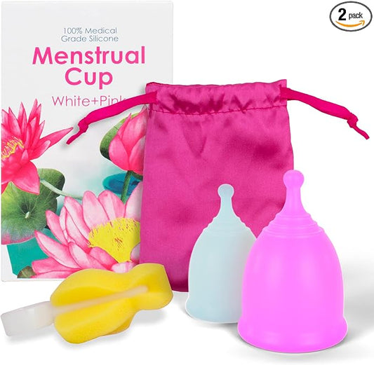 AMZ Medical Supply Silicone Menstrual Cups Small/Large. 100 Pack Period Cups for Women Heavy Flow, Normal Flow. Pink & Transparent Reusable Period Cup + Storage Bag & Brush. Leak Proof Menstrual Cup