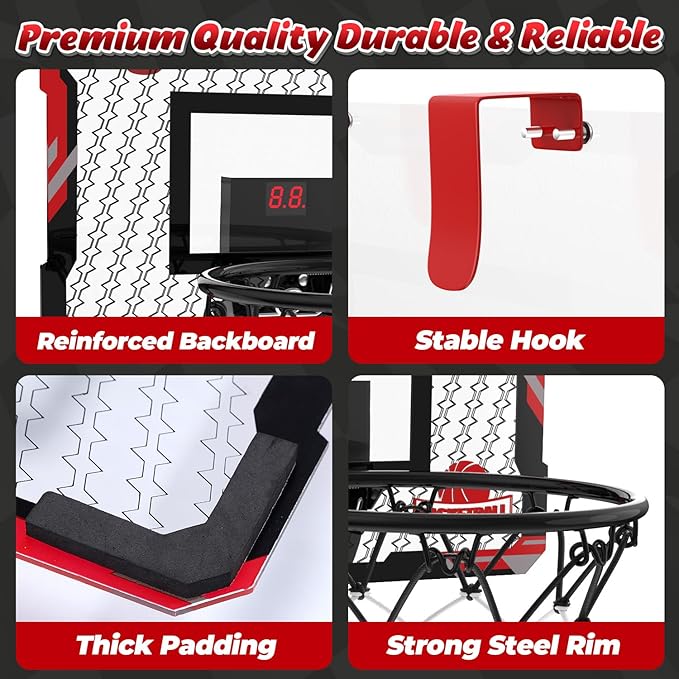 EagleStone Mini Indoor Basketball Hoop with Scoreboard,4 Balls & Pump,Over The Door Bedroom Office Basketball Hoop for 6 7 8 9 10 11 12+ Year Old Kids Boys