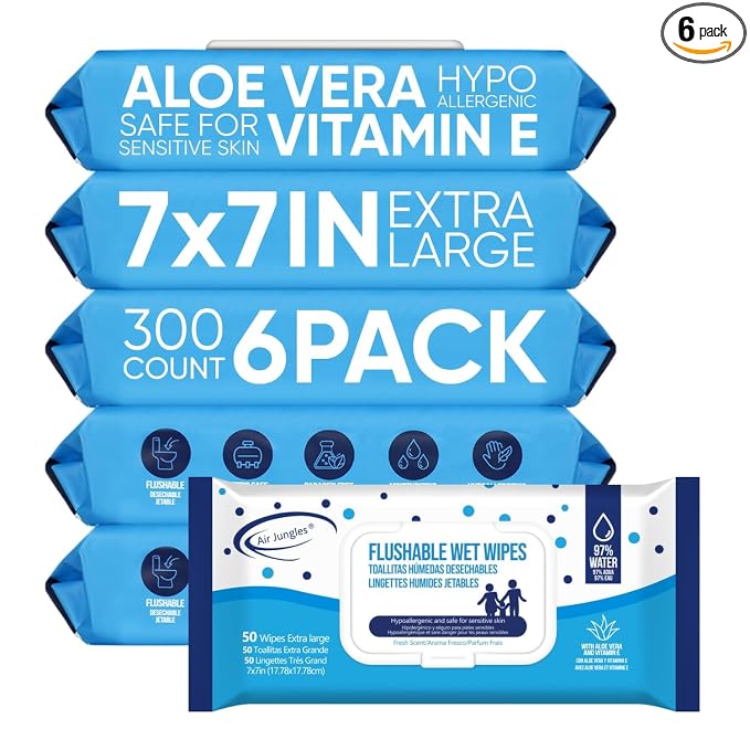 Air Jungles Flushable Wipes 300 Ct 6-Pack, Adult and Kid, XL 7x7 Inch | Fresh Scent, with Aloe Vera & Vitamin E For Sensitive Skin, Septic & Sewer Safe, Ultra Soft Personal Wet Wipes