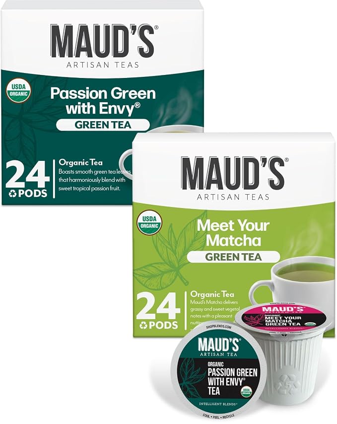 Maud's Organic Passion Green Tea Pods & Organic Matcha Green Tea Bundle, 48 ct, Single Serve Tea Pods – 100% Gourmet Blended Tea Leaves, Compatible with Keurig K Cups Maker