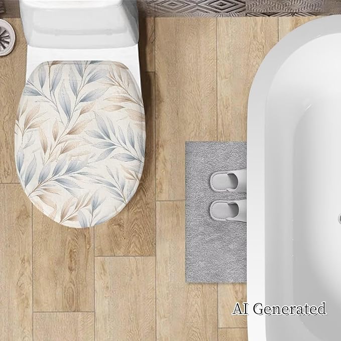 Watercolor Leaves oilet Cover Set, Soft Blue Plush Elongated Lid Protector, Unique Ocean Bathroom Decor Accessory