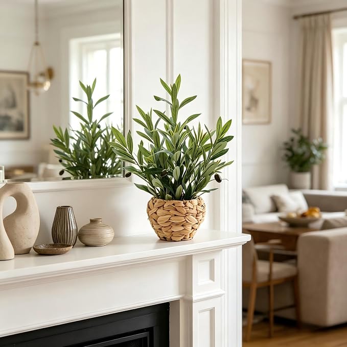 AlphaAcc Fake Potted Plant Small Olive Water Hyacinth Mediterranean Decor | 17.7" Realistic artificial olive branches natural hyacinth boho mediterranean rustic style ideal office desk shelf home decor