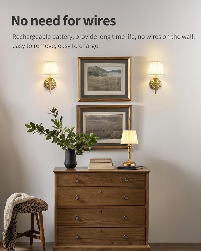 KDG Cordless Gold Wall Sconces Set of 2, Beige Fabric Lampshde Wall Lamps | Small LED Wireless Portable Rechargeable Battery Lighting for Wall Painting, Living Room, Bedroom, Hallway, Gifts, Nightlight