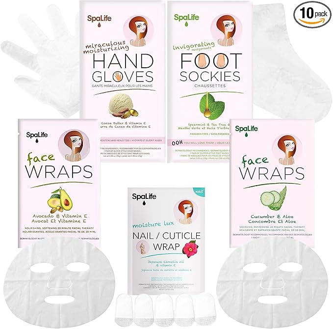 SpaLife 10 Piece Korean Face Mask & Moisturizing Hand Gloves Set | Foot Mask Socks for Dry Cracked Hands & Feet | Korean Skincare Cuticle Repair Mask Women | Self Care Gifts for Women | 10 Pack