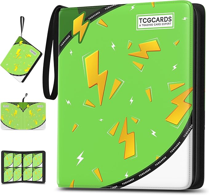 Trading Card Binder 4 Pocket,400 Pocket Card Collection Binder with 50 Removable Sleeves,PU Waterproof Top Card Book,3-Ring Zipper Collectible Trading Card Album for MTG/TCG/Card Holder Gift（Green）