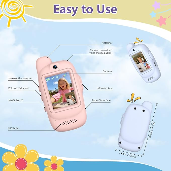 Video Walkie Talkies for Kids, 2 Pack Rechargeable Video Walkie Talkies, 1000 mAh Battery, HD Camera, Voice Changer, for Family Fun, Camping and Travel, Ages 3-12, Blue and Pink