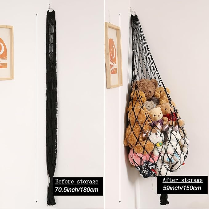 Stuffed Animal Hammock Corner Hanging Net for Stuffy Animal Storage Macrame Toy Display Plushie Toy Holder-Perfect for The Tiny Space Walls, Kid Bedroom Decor Playroom Organizer (Black XL)