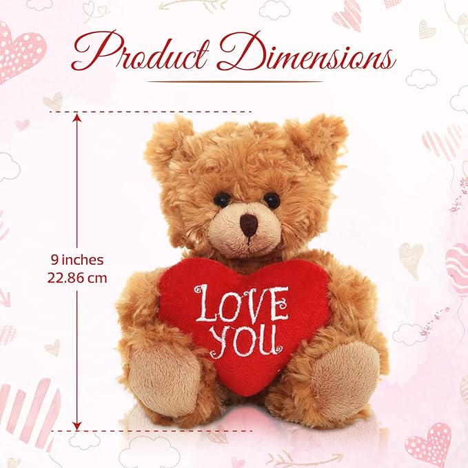 Plush Stuffed Animal Mocha Heart Bear – Love You Bears- Toy for Kids & Adults Valentine's Day - Embroidered Heart Pillow (9 inch, Love You)