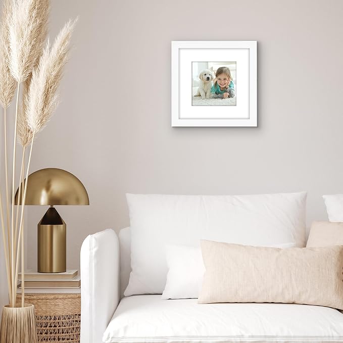 Americanflat 8x8 Picture Frame - Matted to 5x5 - Engineered Wood - White | Shatter-resistant glass, wall or tabletop display with included easel, sawtooth hangers included, use with or without mat